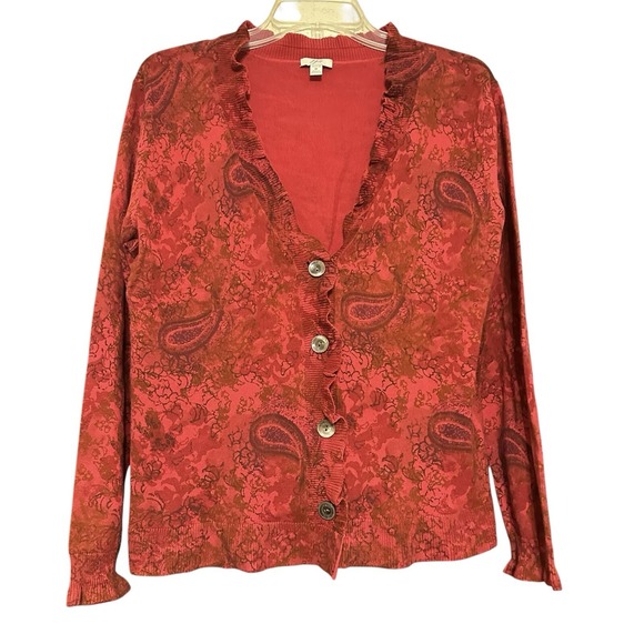 J Jill Red Dark Floral Paisley Ruffle Cardigan Sweater Wimsigoth M Ornate Button - Picture 1 of 5
